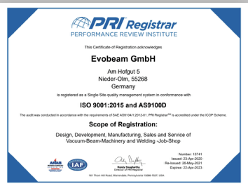 ISO9001:2015 & AS9100D Evobeam